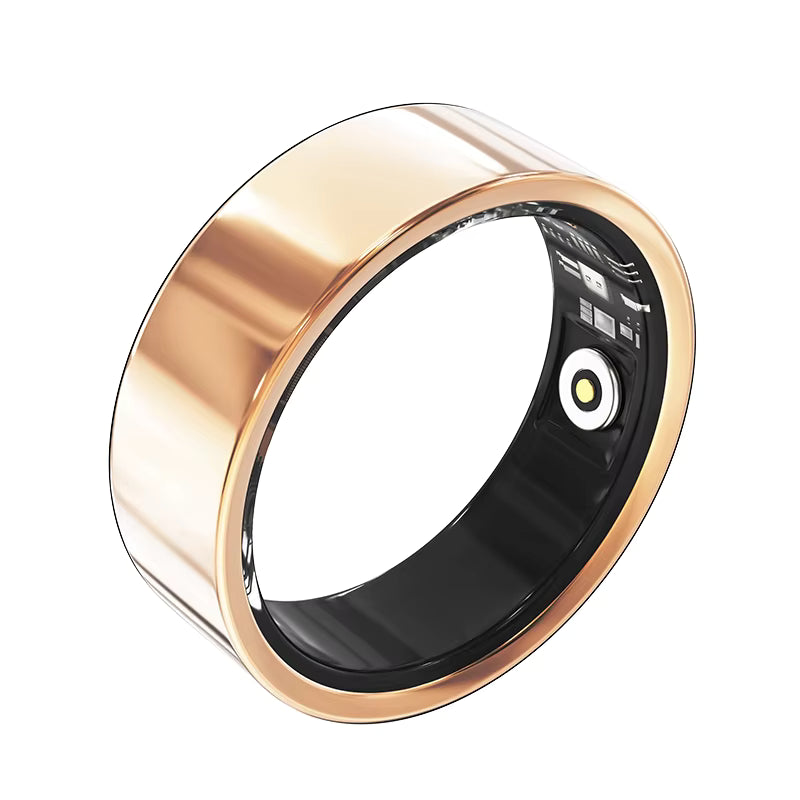 Gold-rimmed smart ring on a white background