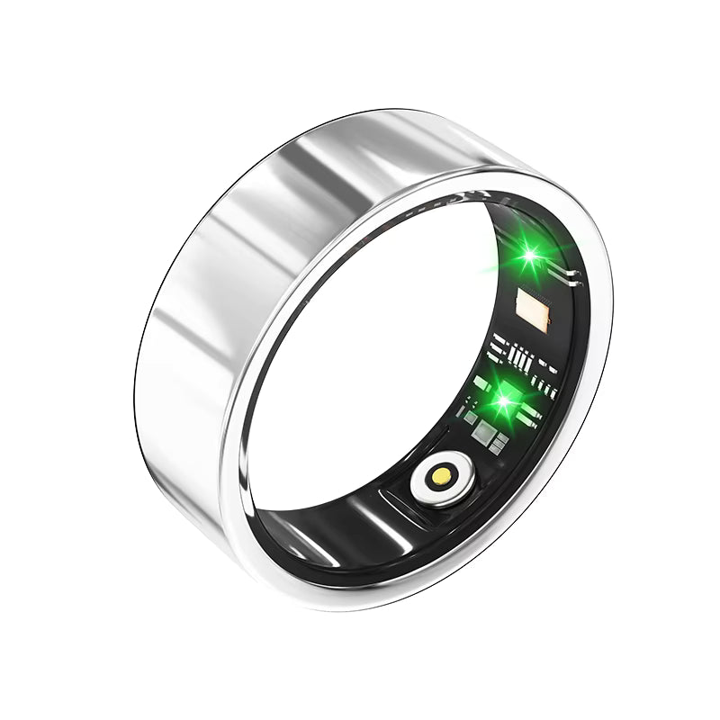 Silver smart ring with digital display on a white background