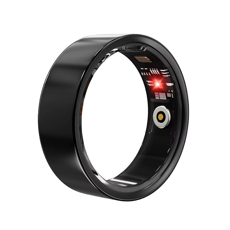 Black smart ring with digital display on a white background