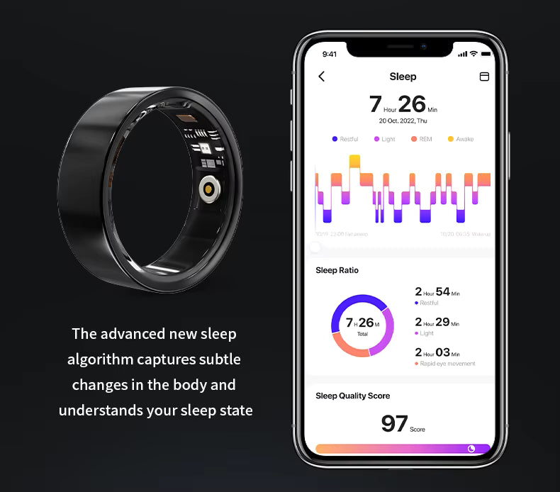Black sleep tracking device next to a smartphone displaying sleep analysis app on a black background