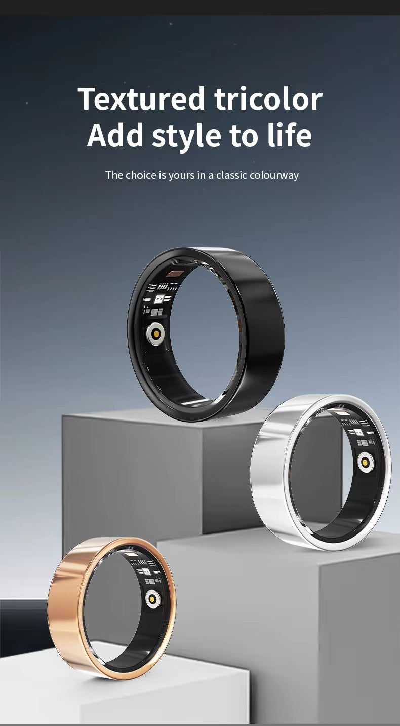 Three textured tricolor rings on a gray geometric platform with a gradient background.