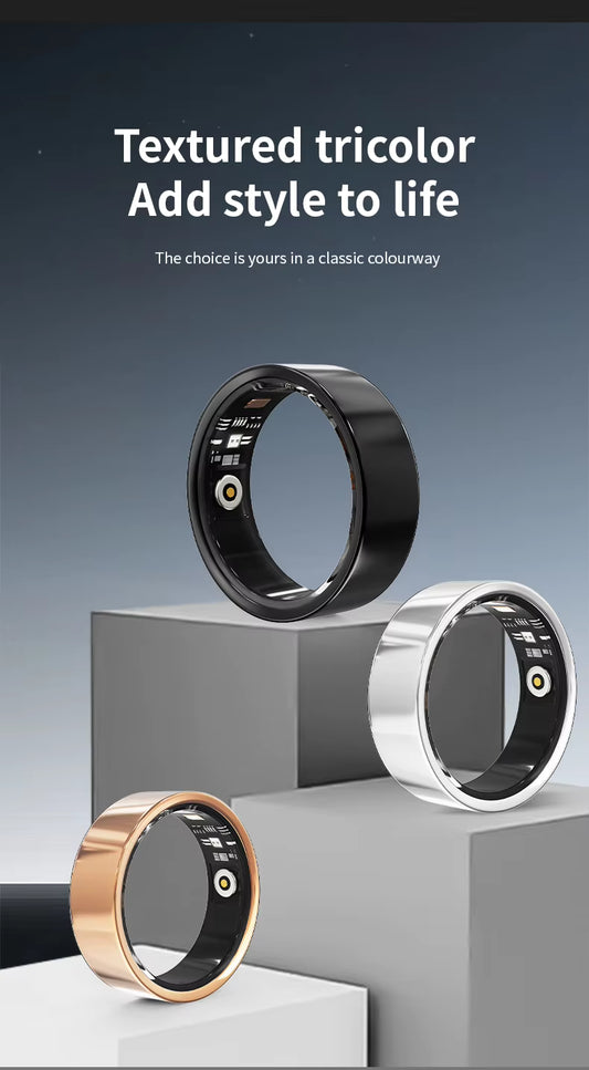 Three textured tricolor rings on a gray geometric platform with a gradient background.