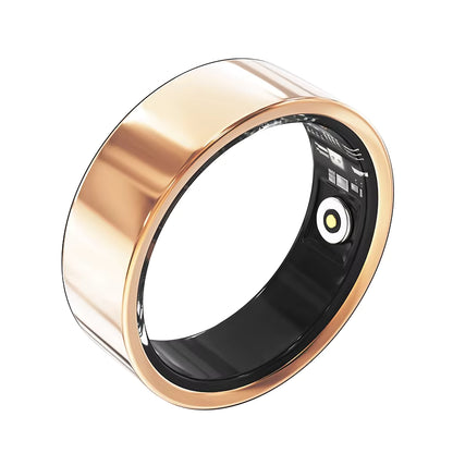 Gold-rimmed smart ring on a white background